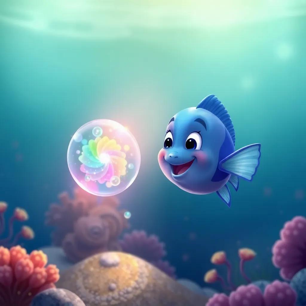Pequeño Azul, a small blue fish, discovering a magic bubble that shines with many colors, surrounding ocean environment, illustration, magical, joyful, child-friendly