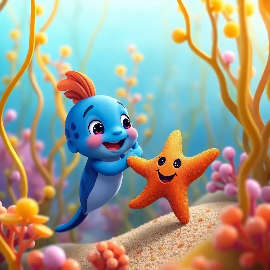 Pequeño Azul with a friendly starfish in a beautiful seaweed forest, playing together and having fun, colorful, joyful scene, digital art, cheerful
