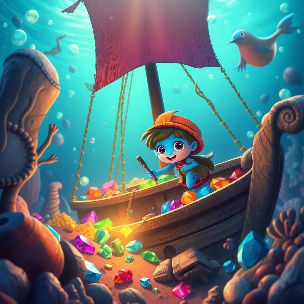 Pequeño Azul exploring a sunken ship brimming with treasures, colorful gems sparkling in the water, adventurous atmosphere, digital art, vivid colors, child-friendly