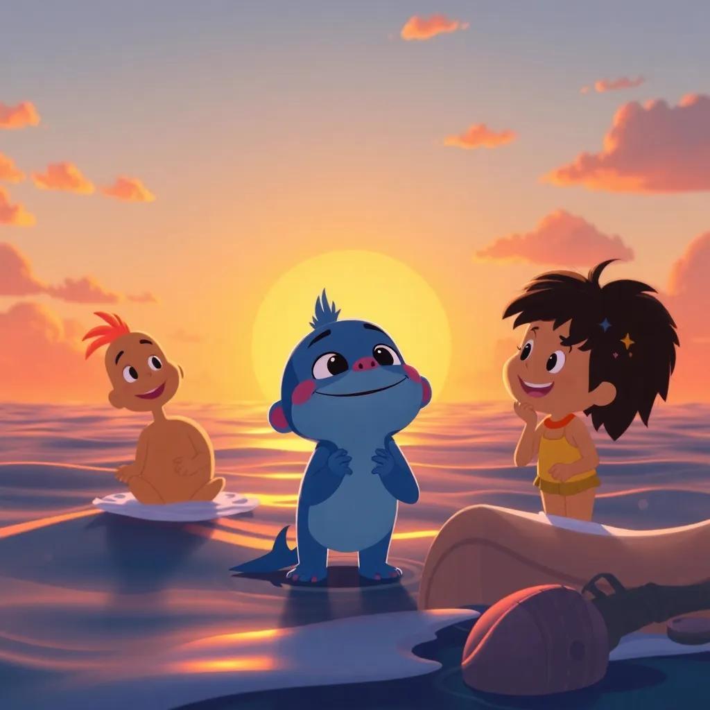 Pequeño Azul saying goodbye to his new friends as the sun sets in the ocean, warm colors, happy atmosphere, storytelling scene, illustration, warm light