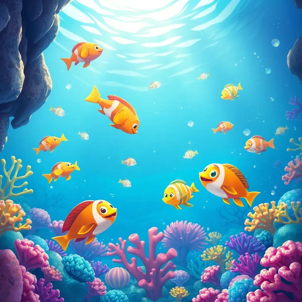 A view of the ocean filled with friendly fish and colorful corals, symbolizing friendship and adventure, cheerful and magical, child-friendly illustration