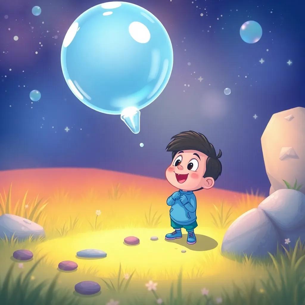 A magical scene of Pequeño Azul planning his next adventure with the bubble, excited and hopeful, vibrant colors, engaging illustration