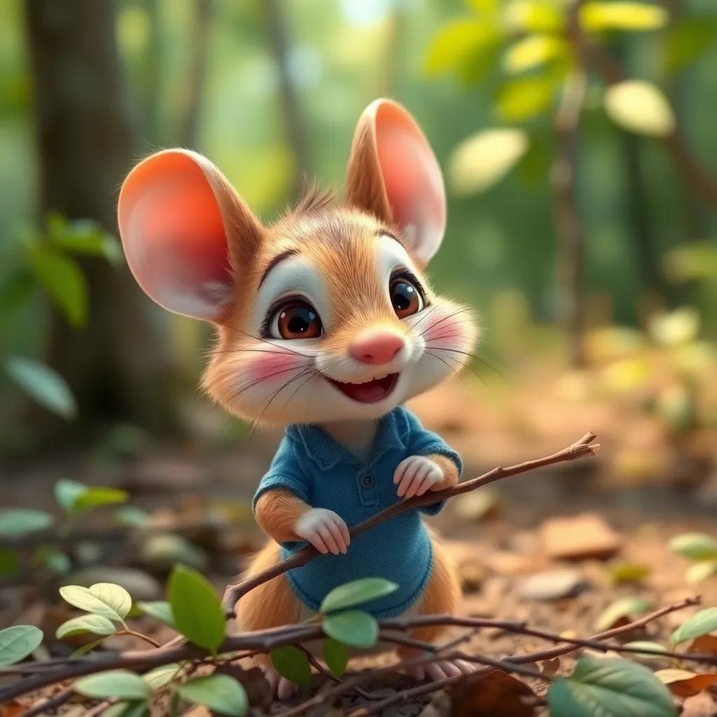A small field mouse named Ramón, with light brown fur, wearing a tiny blue shirt, in a forest, gathering branches, cheerful, fun atmosphere, digital art, vibrant colors, high-quality