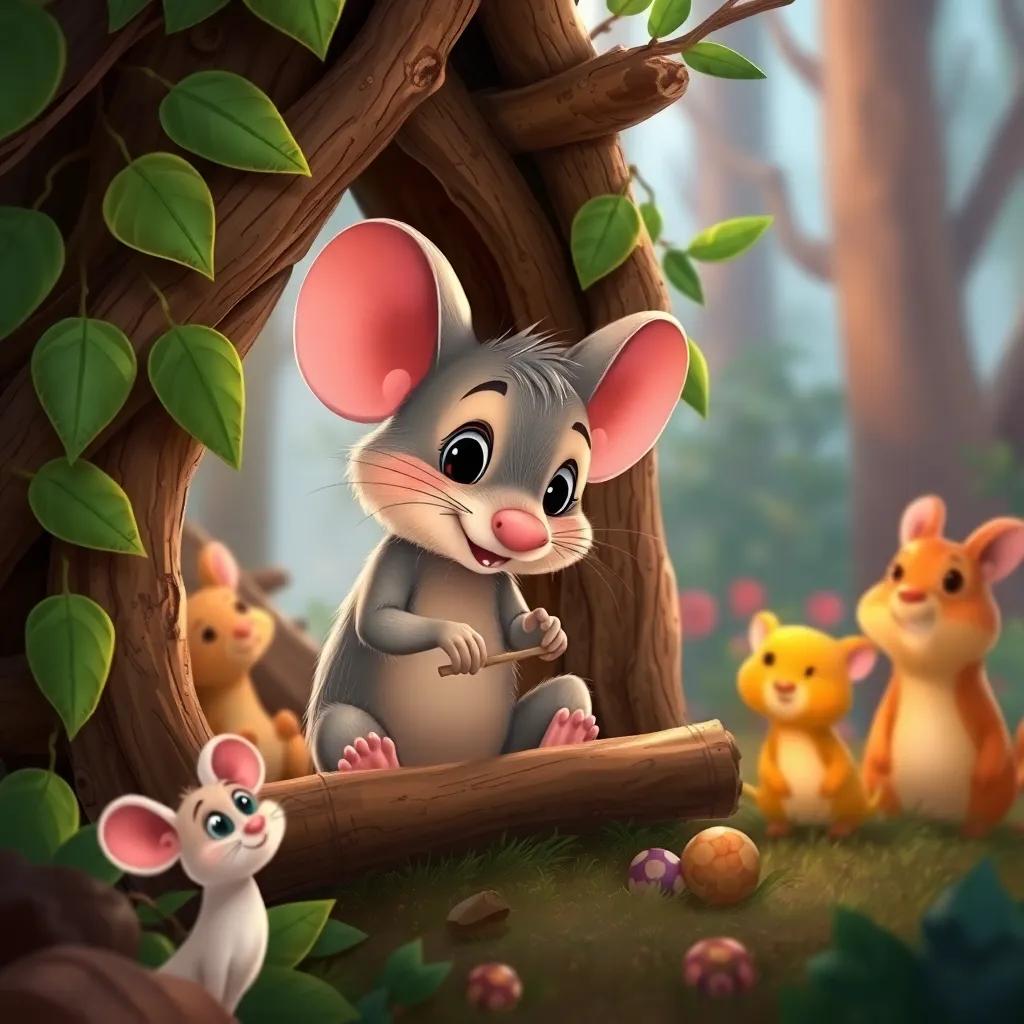 Ramón the mouse building a house with branches and green leaves, focused expression, surrounded by curious forest animals, friendly vibe, illustration, warm shades, child-friendly