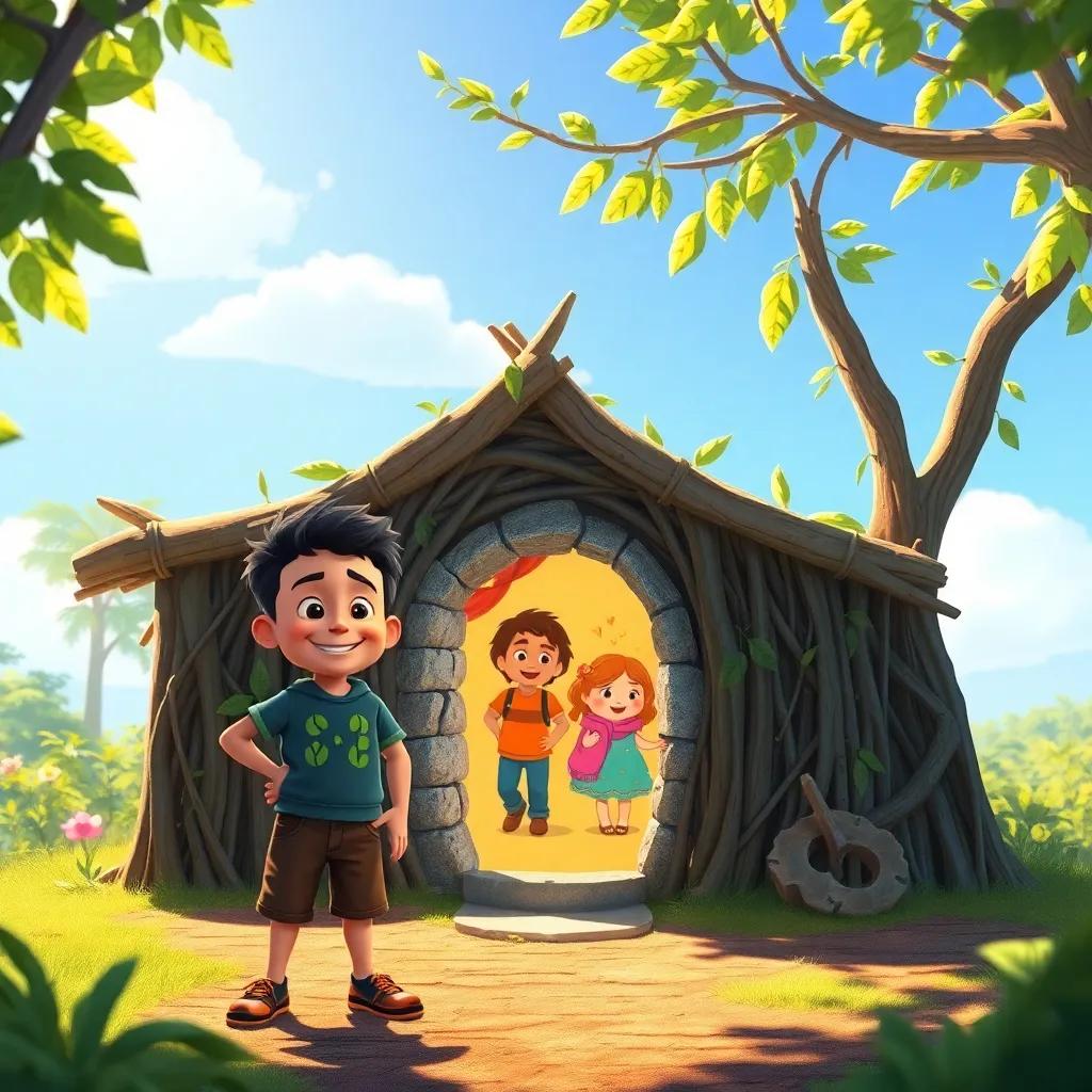 Ramón standing proudly in front of his finished house, made of twigs and leaves, a small stone door, happy family inside, sunny day, joyful ambiance, bright colors, cartoon style