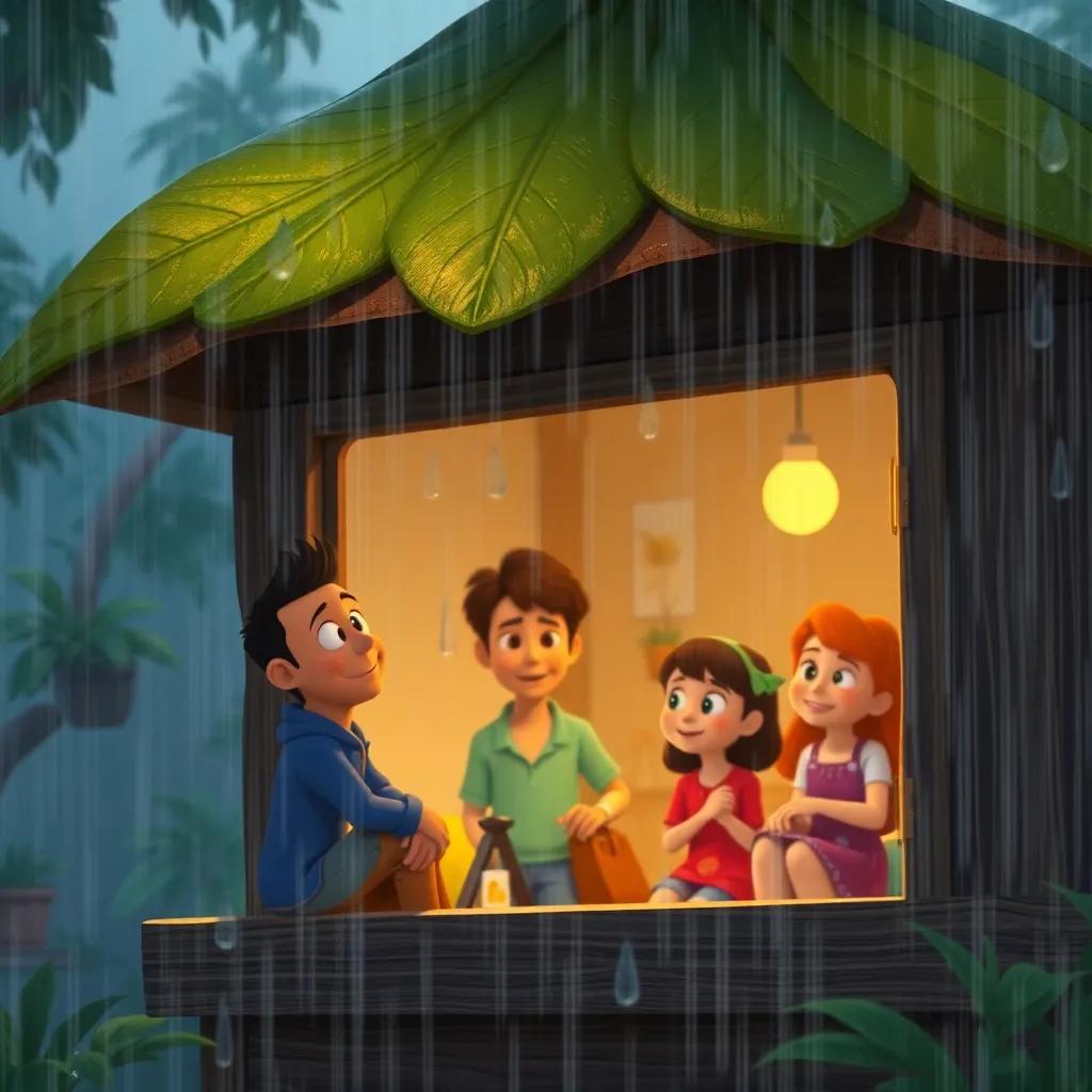 A rainy scene with Ramón and his family inside their house, drops falling on the leaf roof, cozy atmosphere, soft light, comforting setting, digital painting, warm and inviting