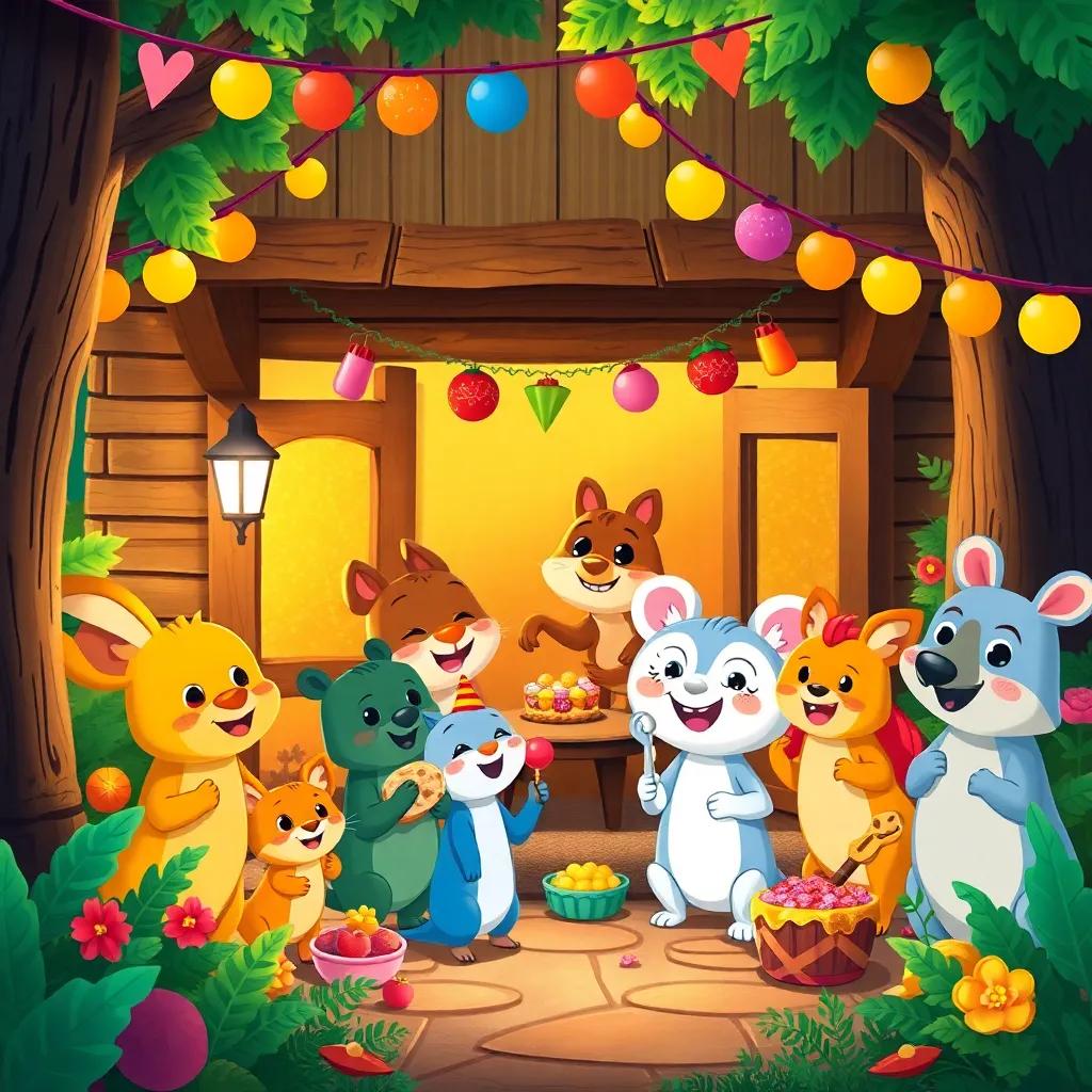 All the forest animals celebrating outside Ramón's house with snacks and music, colorful decorations, happy faces, festive atmosphere, illustration, bright and lively, cheerful colors