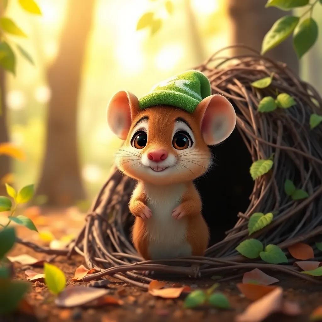 A small field mouse, Miguel, with brown fur and bright eyes, wearing a tiny green hat, standing in front of a nest made of twigs and leaves in a sunny forest, cheerful atmosphere, colorful, digital art, high quality