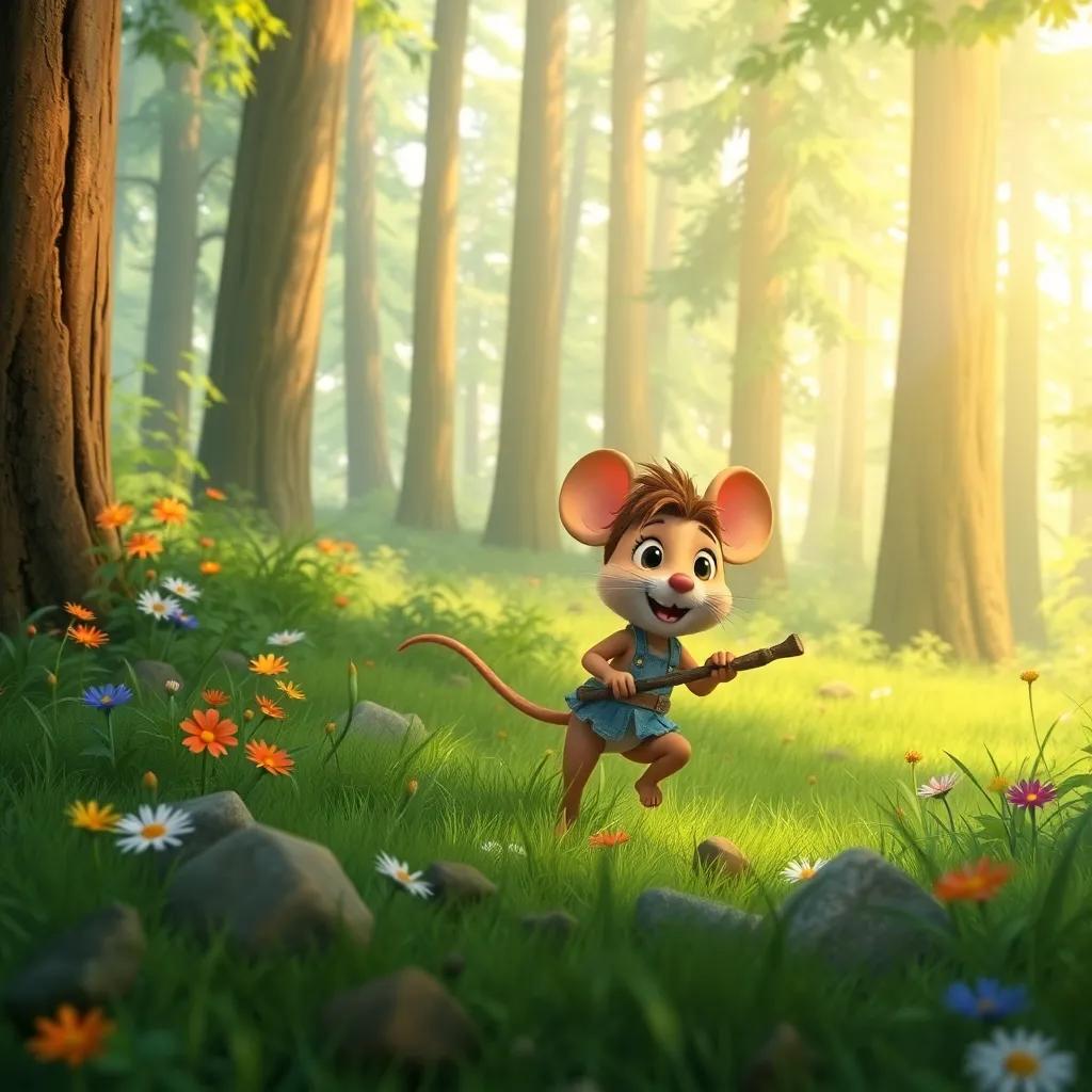 Miguel, the little field mouse, running through a green forest, gathering sticks and stones, surrounded by tall trees and colorful flowers, bright sunlight, playful and adventurous mood, illustration, child-friendly