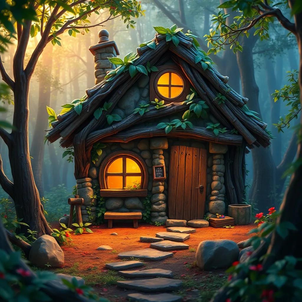 A cozy little house made of branches and leaves, built by Miguel the mouse, with stones forming the walls, set in a vibrant forest full of life, warm light, heartwarming scene, highly detailed