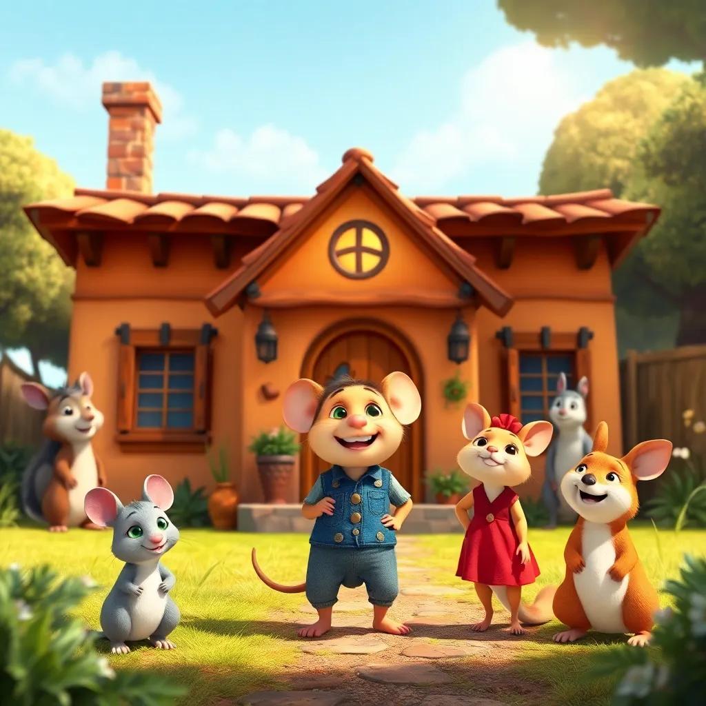 Miguel, the little field mouse, proudly standing in front of his completed house with his family, smiling and happy, surrounded by woodland animals admiring the home, colorful, uplifting, high-quality digital art