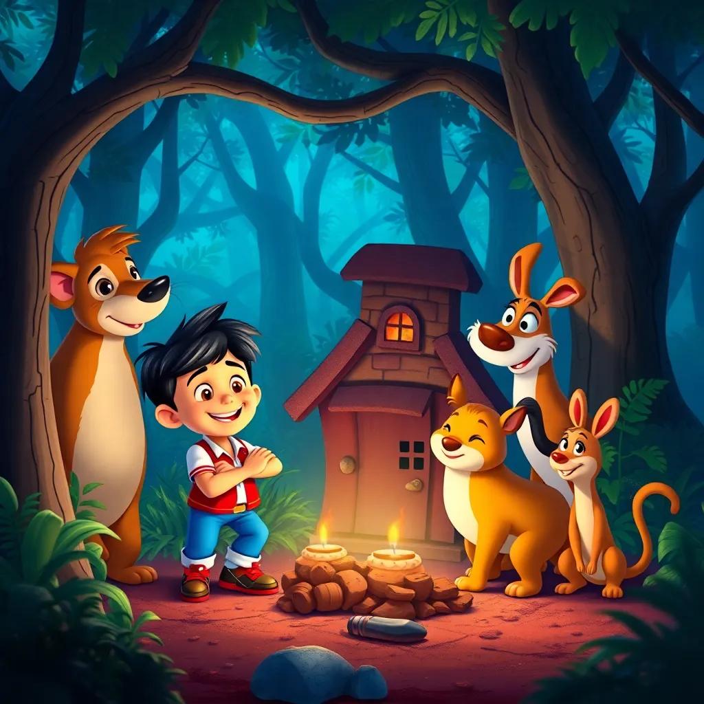 Miguel and his animal friends, working together to help build more houses in the forest, sharing joy and friendship, vibrant colors, energetic atmosphere, digital illustration, child-friendly