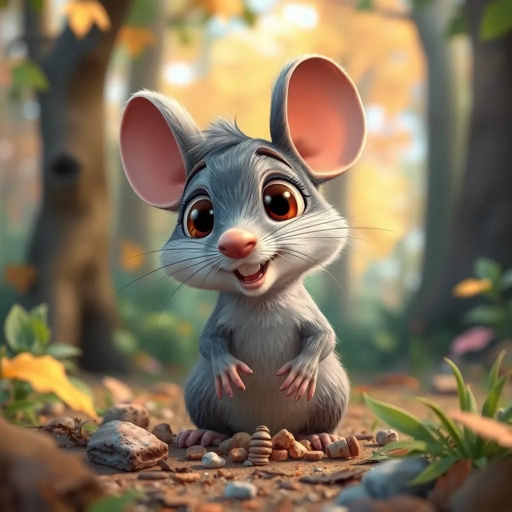 Un pequeño ratón de campo llamado Mateo, con pelaje gris y orejas grandes, emocionado mientras busca materiales en un bosque colorido, detalle digital, alegre, vibrante, atmósfera cálida