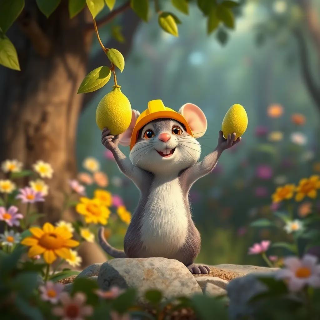 Mateo, el pequeño ratón constructor, levantando hojas suaves y ramitas en sus patas, en un entorno del bosque lleno de flores, ilustración, animada, llena de colores, popular y amigable