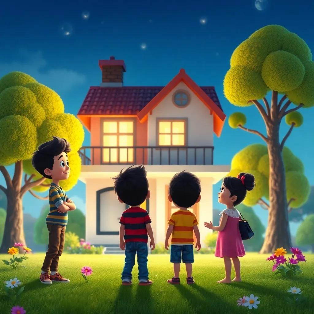La familia de Mateo admirando su nueva casa construida, todos con rostros felices, rodeados de árboles y flores, colorido, vibrante, perspectiva alegre, espacio acogedor