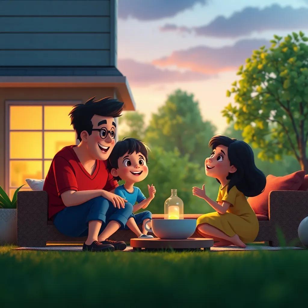 Mateo y su familia disfrutando de una tarde en su nueva casa, llenos de felicidad, con el bosque al fondo, luz dorada del atardecer, entorno cálido, escena conmovedora