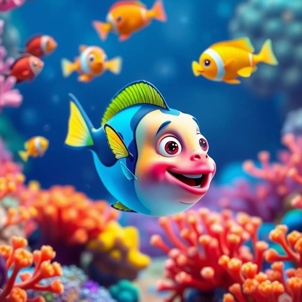 A colorful fish named Rayo swimming happily in a vibrant ocean, surrounded by colorful coral and other fish admiring him, digital art, bright vivid colors, joyful atmosphere, high quality