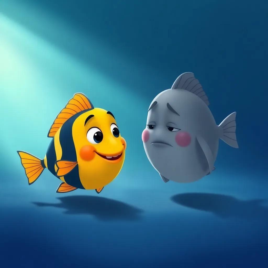 Rayo the fish approaching a sad fish named Lúcido, who is gray and dull, in a serene part of the ocean, with light filtering through the water, illustration, warm and friendly, heartwarming