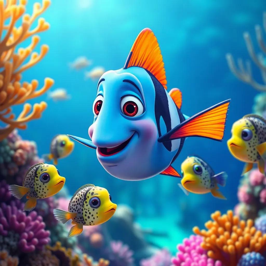 Rayo the fish encouraging a group of speckled fish who look unsure, in a beautiful coral reef, with bright colors clashing yet complementing, digital painting, lively and colorful, uplifting and inspiring