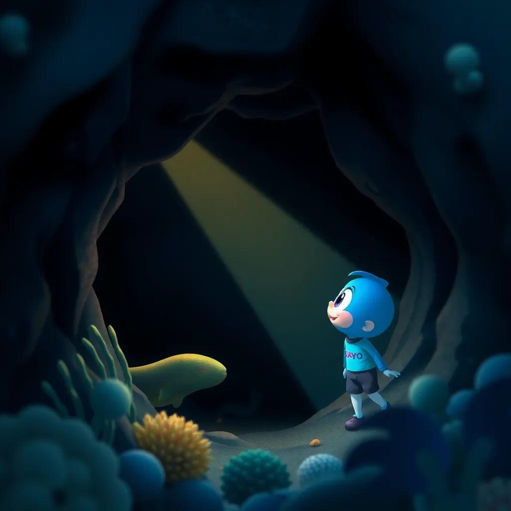 Rayo exploring a dark part of the ocean, meeting a shy eel hiding in the shadows, surrounded by dark blues and greens, while he shines brightly with his colors, digital art, contrasting light and dark, hopeful and encouraging