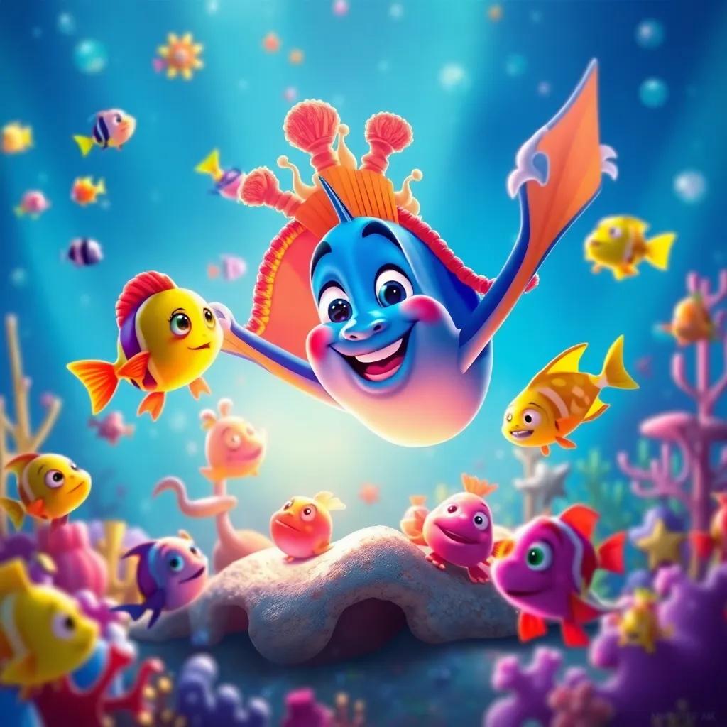 Rayo returning home surrounded by all his new friends, colorful fish and the luminous anguila in a celebration, with a bright and cheerful underwater scene, digital art, festive atmosphere, colorful and joyful