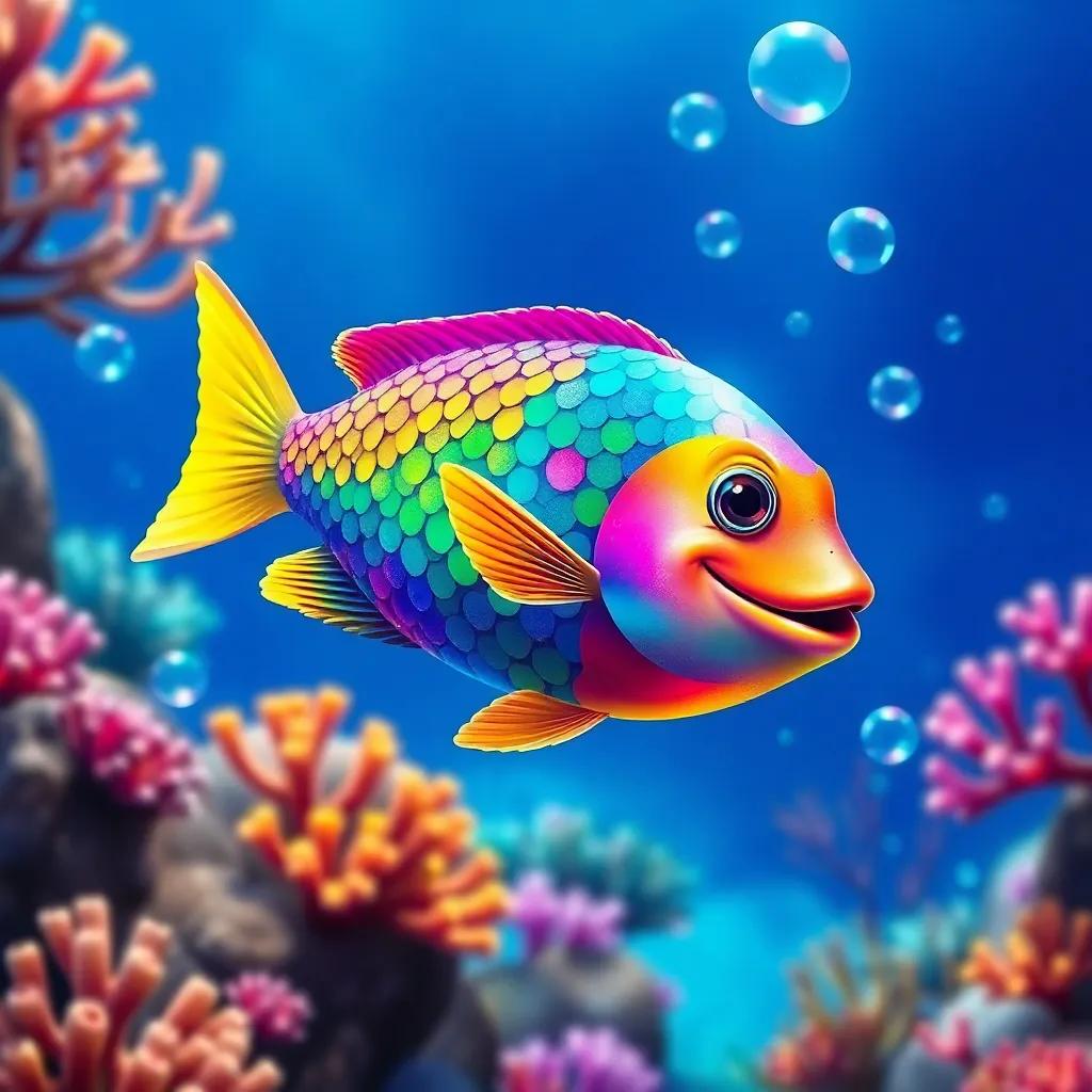 A colorful rainbow fish with shiny scales swimming in a deep blue ocean, surrounded by coral reefs and playful bubbles, vibrant digital art, cheerful atmosphere, high quality