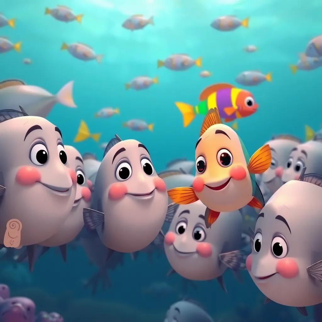 A school of gray fish looking shy and unsure, with the colorful rainbow fish swimming nearby and smiling, in a calm ocean scene, friendly illustration, warm colors, engaging perspective
