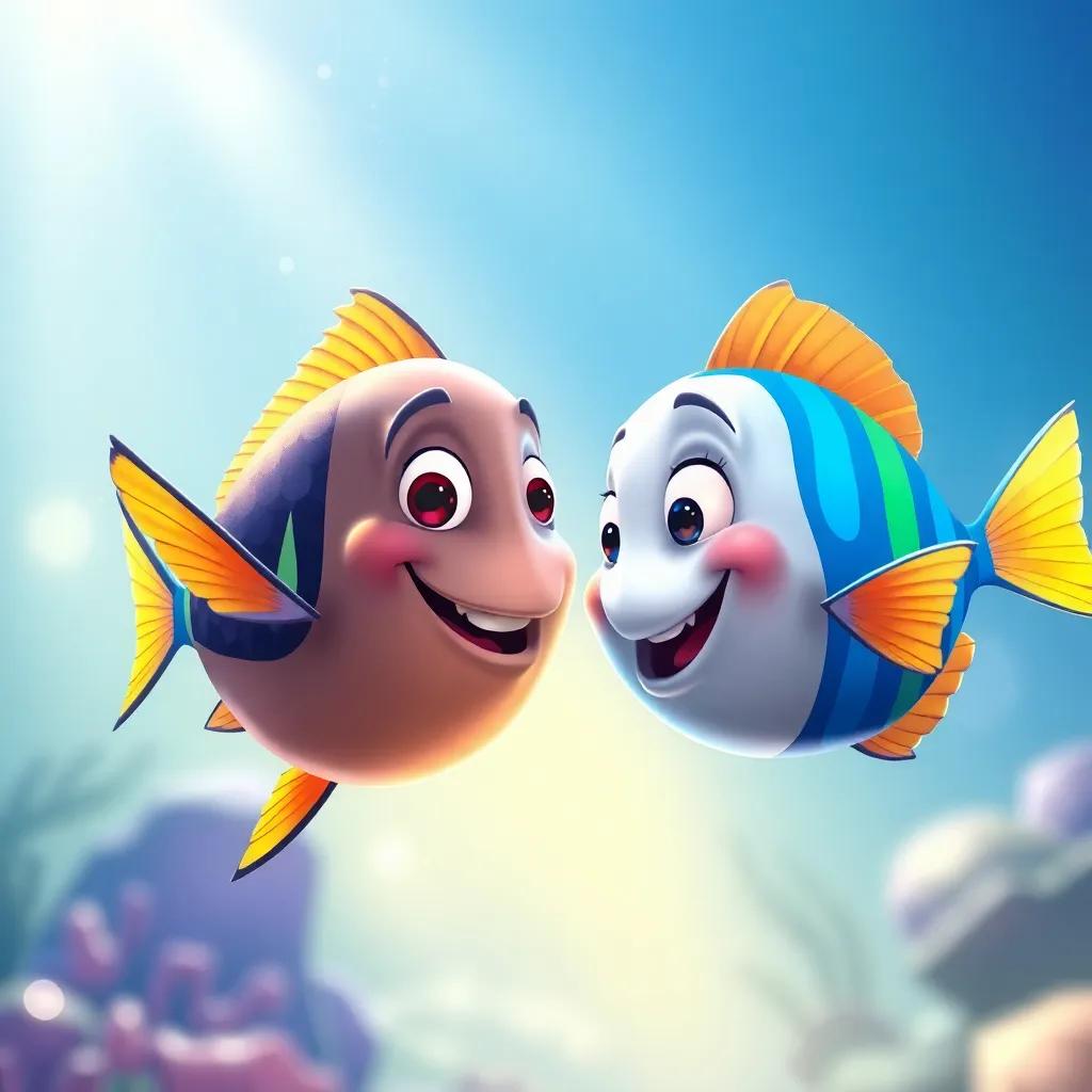 The rainbow fish inviting the gray fish to play a game together, showing a joyful expression, in a bright underwater setting with shimmering light, colorful illustration, uplifting and vibrant, high quality