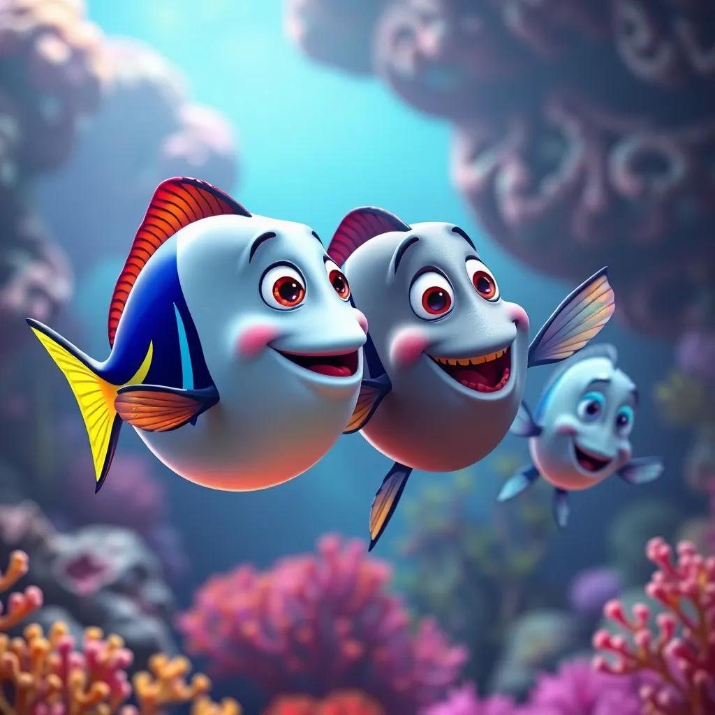 The rainbow fish teaching the gray fish bright songs, all swimming together joyfully, with colorful coral in the background, dynamic and cheerful art, colorful details, pleasant perspective