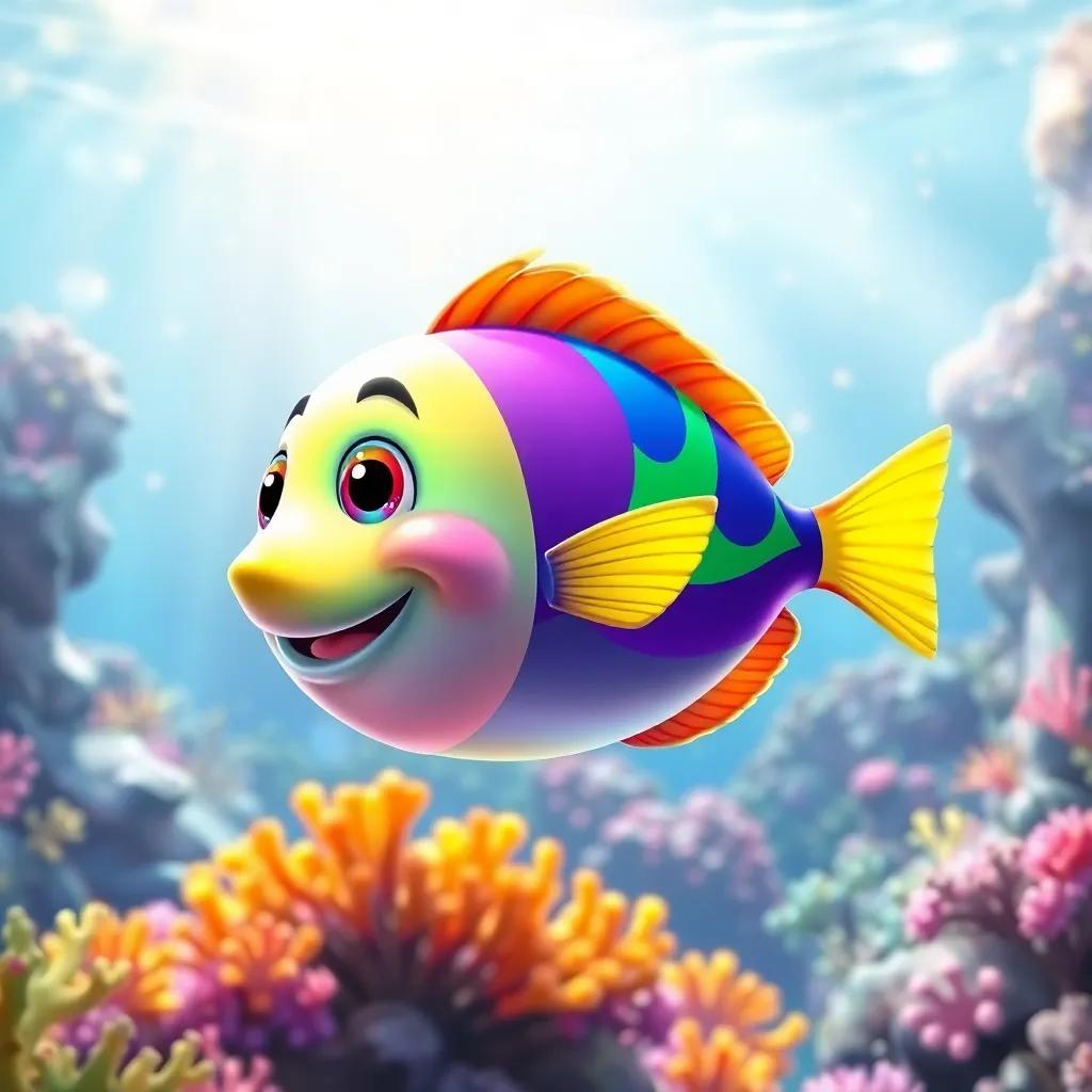 A colorful fish named Rayo, the rainbow fish, swimming happily in a vibrant underwater world, filled with coral reefs and sparkling sunlight, digital art, bright and cheerful colors, whimsical atmosphere, high quality