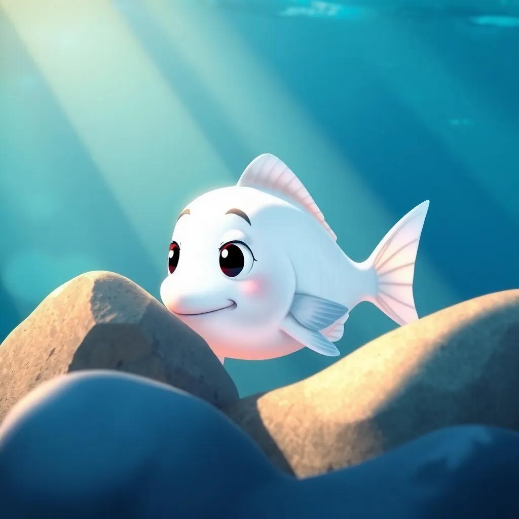 A fish named Nieve, a white fish looking shy and timid behind a rock, with an ocean backdrop of blue waves and shadows, illustration, warm light, soft colors, child-friendly and inviting perspective, high quality