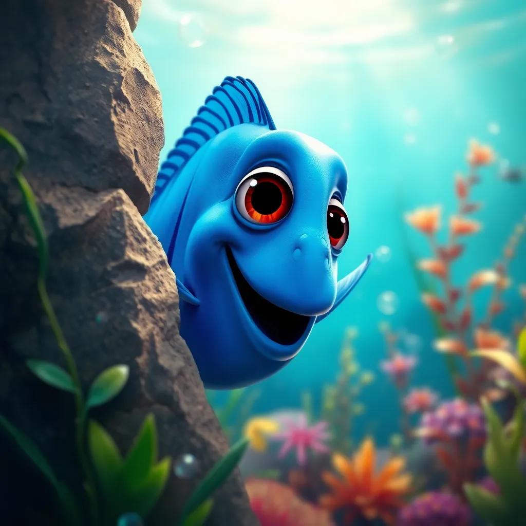 A blue fish named Mar hiding behind a rock, with big eyes showing curiosity and a beautiful underwater scene with plants and bubbles around him, digital painting, colorful, enchanting, inviting perspective, high quality