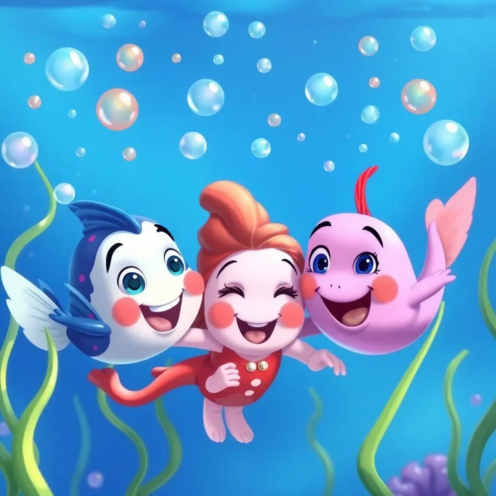 Rayo, Nieve, and Mar swimming together, surrounded by colorful bubbles and seaweed, with smiles on their faces celebrating their friendship, illustration, joyful, vivid colors, heartwarming scene, high quality