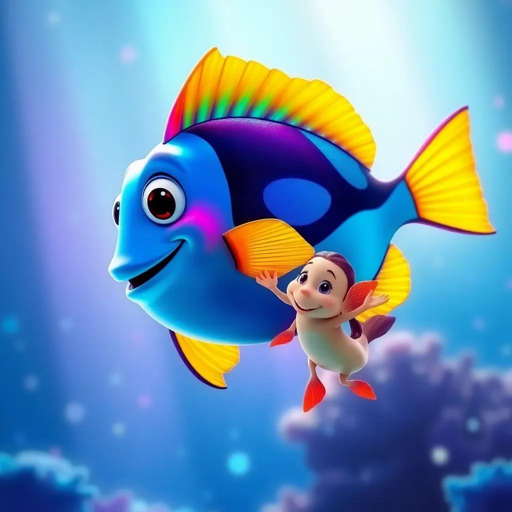 Rayo, the rainbow fish, proudly leading Nieve and Mar in a dance through the aquatic world, with bright colors dazzling around them, in an uplifting underwater scene, digital art, radiant light, colorful, celebratory atmosphere, high quality