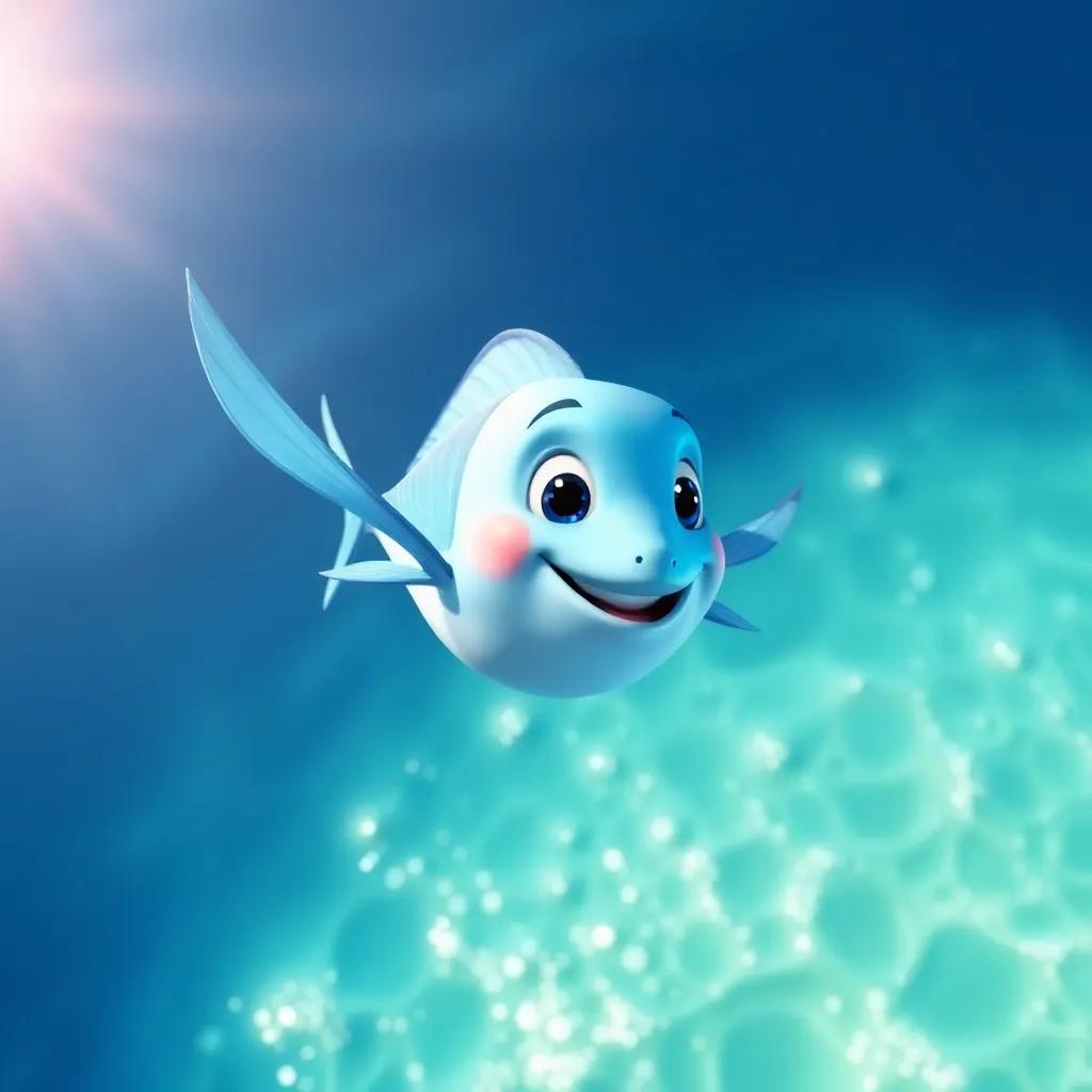 A flying fish named Floto, a vibrant blue fish soaring above a beautiful blue ocean, sunlight sparkling on the water, digital art, colorful, joyous atmosphere, high quality