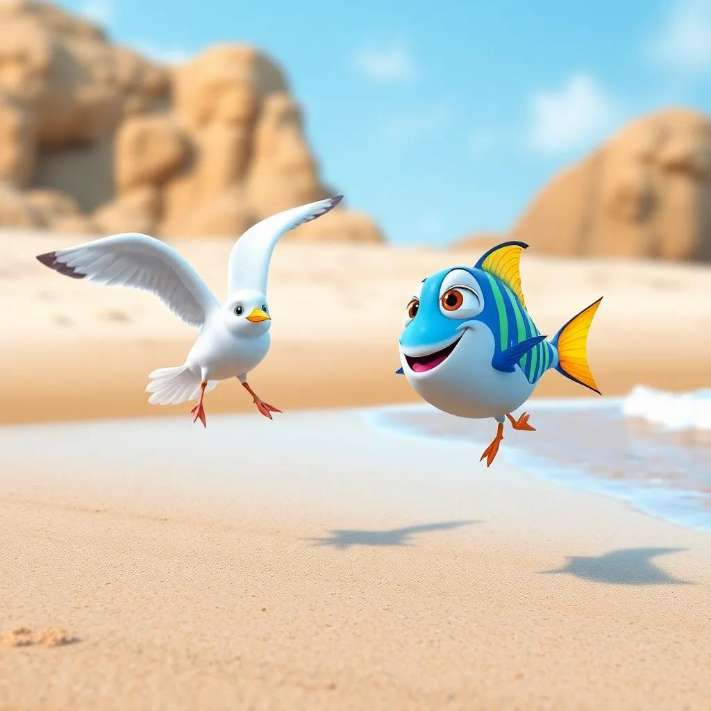 Floto the flying fish landing on a sandy beach, meeting a young seagull named Lili with white feathers and a bright yellow beak, cheerful day, bright colors, positive vibes, high detail