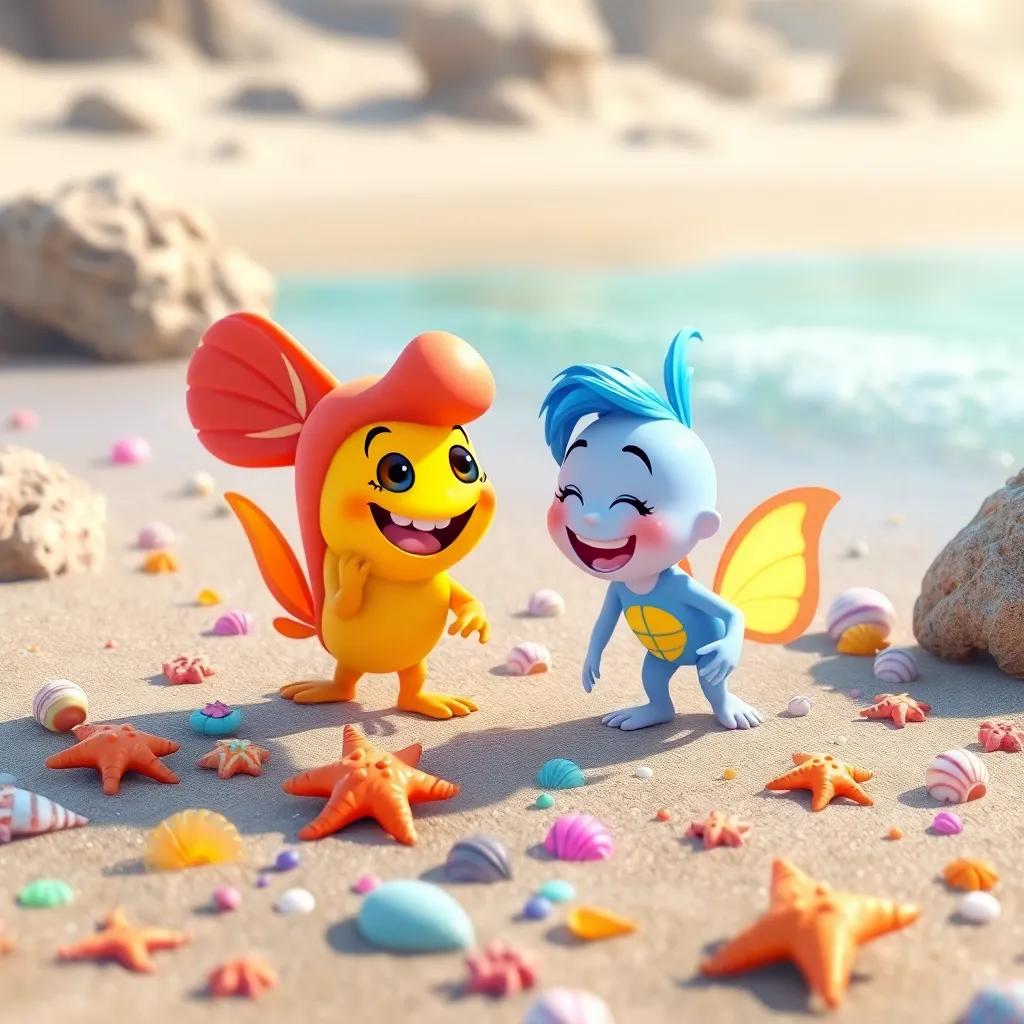 Floto and Lili exploring the beach together, colorful shells and starfish around them, both laughing and enjoying their friendship, sunny day, vibrant, child-friendly, high quality