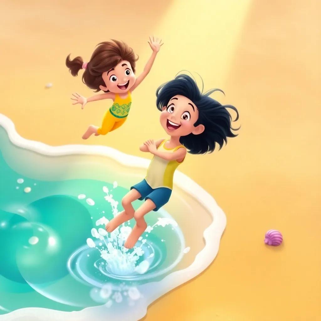 Floto jumping out of the water while Lili circles above him, both radiating joy and excitement, sandy beach with colorful shells, bright light, warm and inviting, detailed illustration