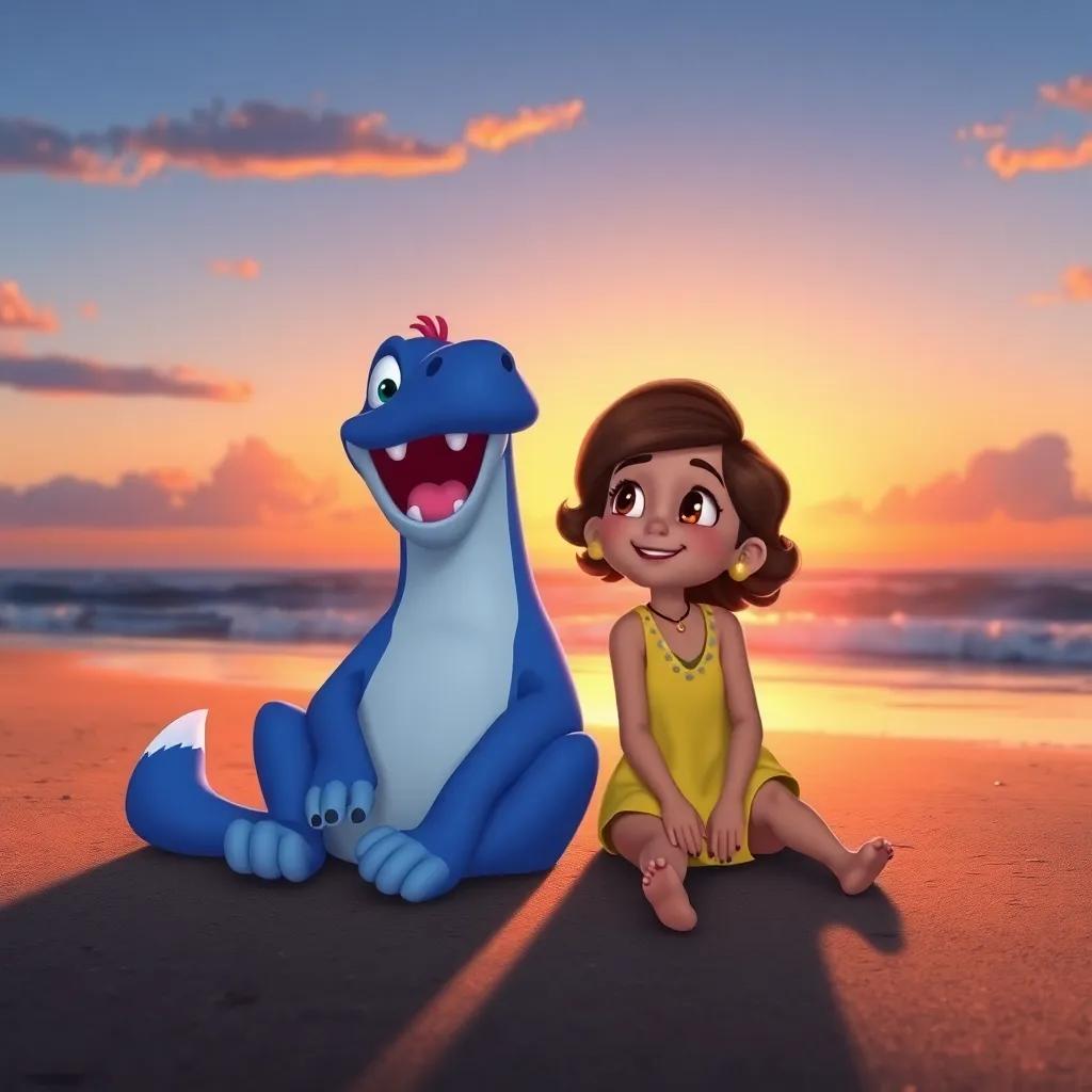 Floto and Lili happily sitting together on the beach at sunset, a warm bond visible between them, searching for new adventures, soft lighting, rich colors, uplifting scene