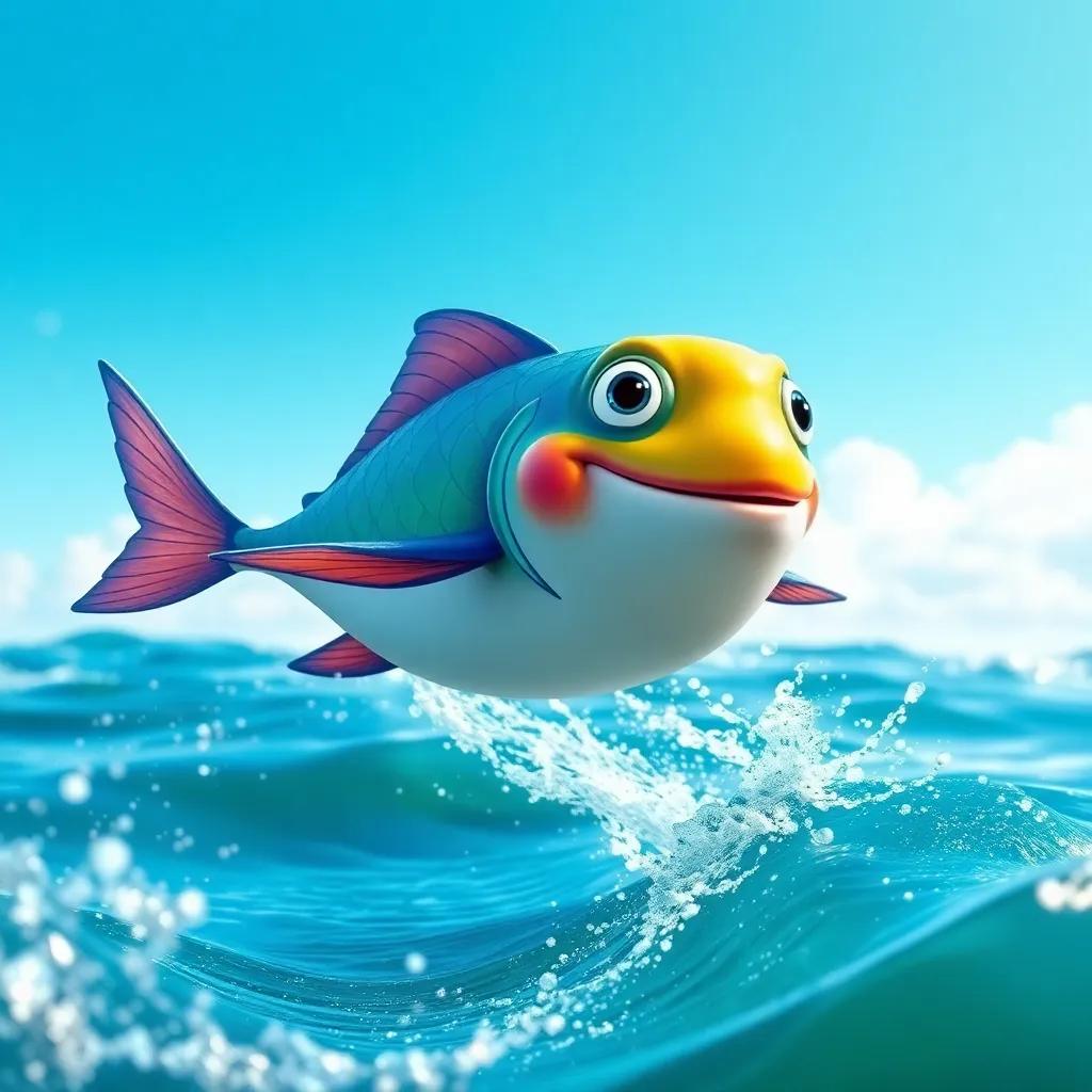 A flying fish named Pipo, brightly colored scales, leaping out of the water, sparkling waves around him, under a clear blue sky, digital art, joyful atmosphere, high quality
