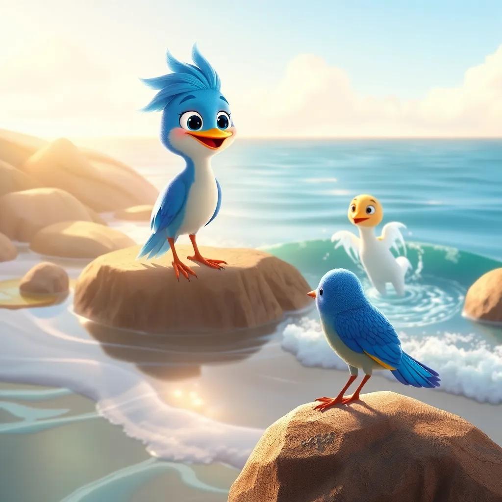 A blue bird named Lía with shiny feathers, perched on a rock by the shore, watching Pipo jump out of the water, gentle sea breeze, warm sunlight, illustration, cheerful, adventure-themed