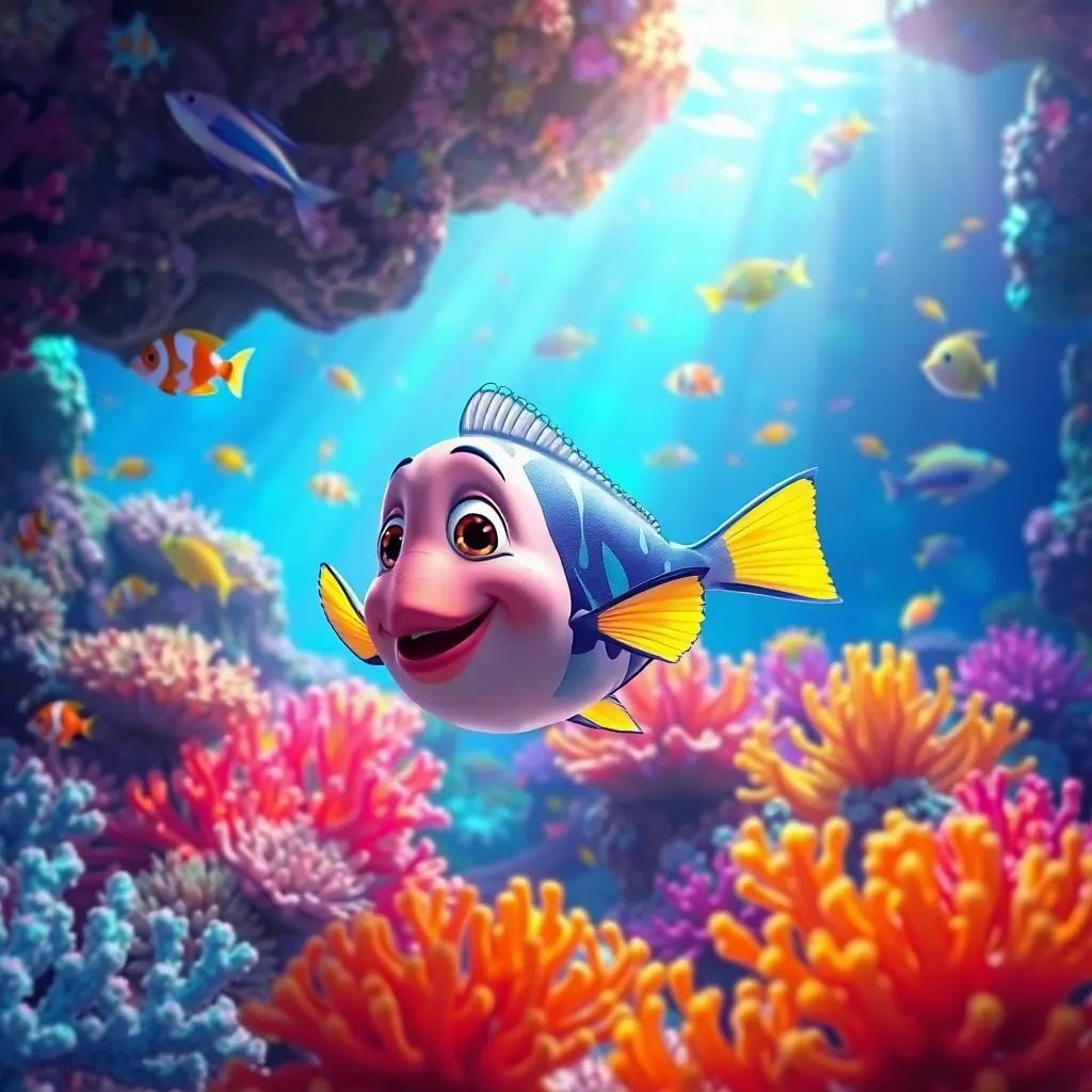Pipo the fish swimming among vibrant coral reefs, surrounded by colorful fish and sea creatures, underwater scene, colorful light filtering through the water, magical atmosphere, digital painting