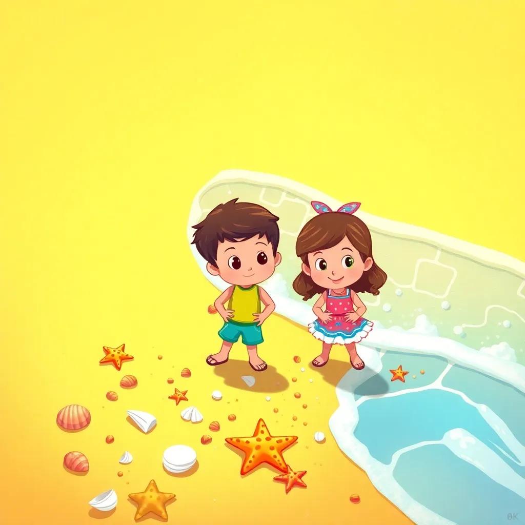 Pipo and Lía exploring a beach, collecting seashells and starfish, golden sand and gentle waves, bright sunny day, fun and vibrant scenery, children's book style