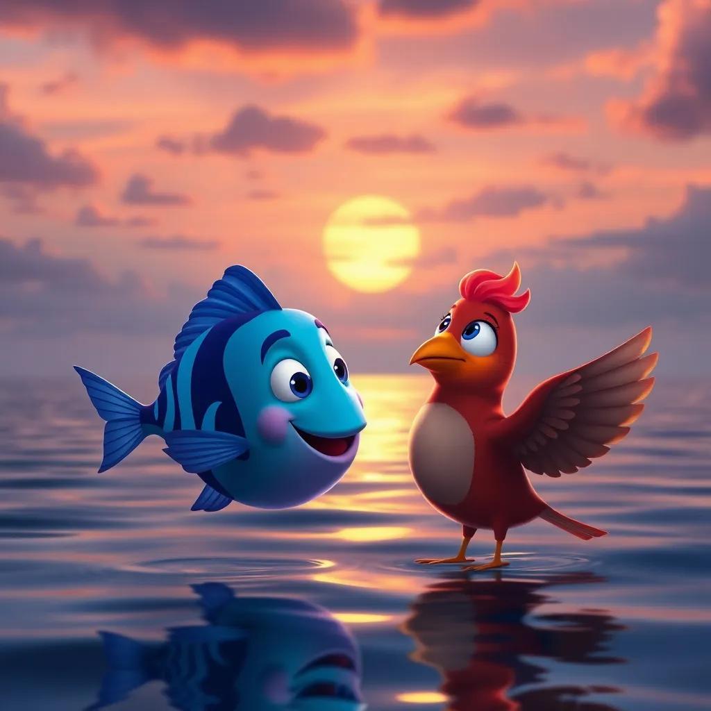 Pipo the flying fish and Lía the bird, sharing a moment at sunset, beautiful colors in the sky reflecting on the sea, warm and cozy ambiance, heartwarming friendship scene