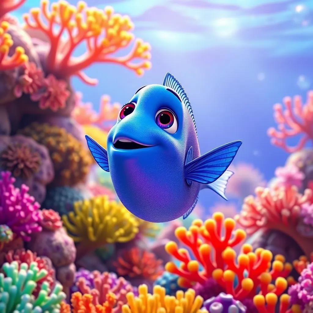 A colorful coral reef underwater scene with Pico the fish, a vibrant blue fish with shimmering scales, looking up towards the surface with a dreamy expression, digital art, bright colors, whimsical atmosphere, high quality