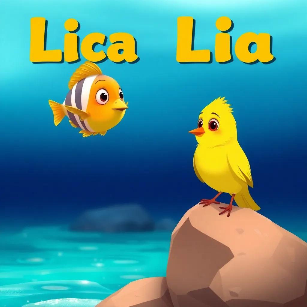 A small bird, Lía, with bright yellow feathers and curious eyes, perched on a rock near the shore, watching Pico the fish swimming gracefully, illustration, cheerful, vibrant colors, child-friendly