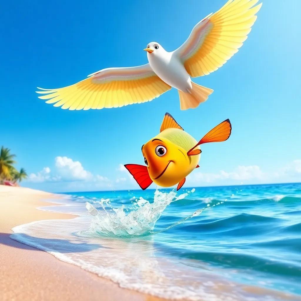 Pico the fish jumping high out of the water, creating a splash, while Lía the bird flies in loops above, with a beautiful sandy beach in the background and a clear blue sky, lively and colorful, action shot, high quality