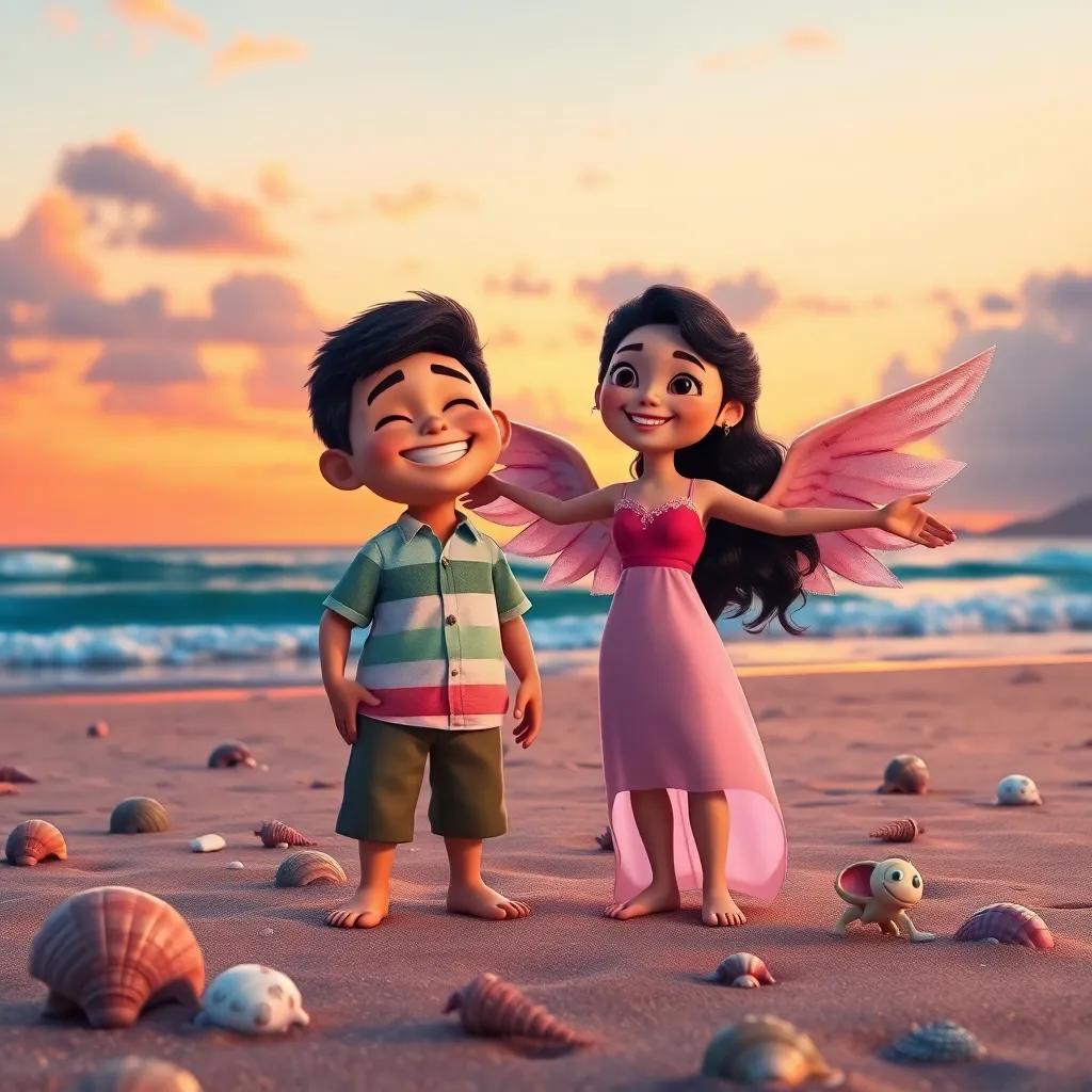 Pico and Lía standing together on the beach at sunset, Pico with a joyful smile and Lía with outstretched wings, surrounded by seashells and beach creatures, warm colors, heartwarming scene, friendly atmosphere, high quality