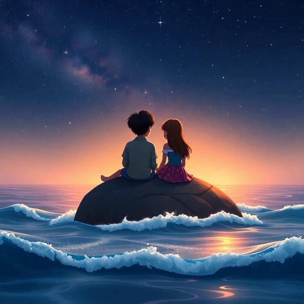 Pico and Lía sitting on a rock, gazing up at the stars, the ocean waves gently lapping at their feet, creating a peaceful and magical moment, night sky filled with twinkling stars, warm lighting, serene atmosphere, high quality