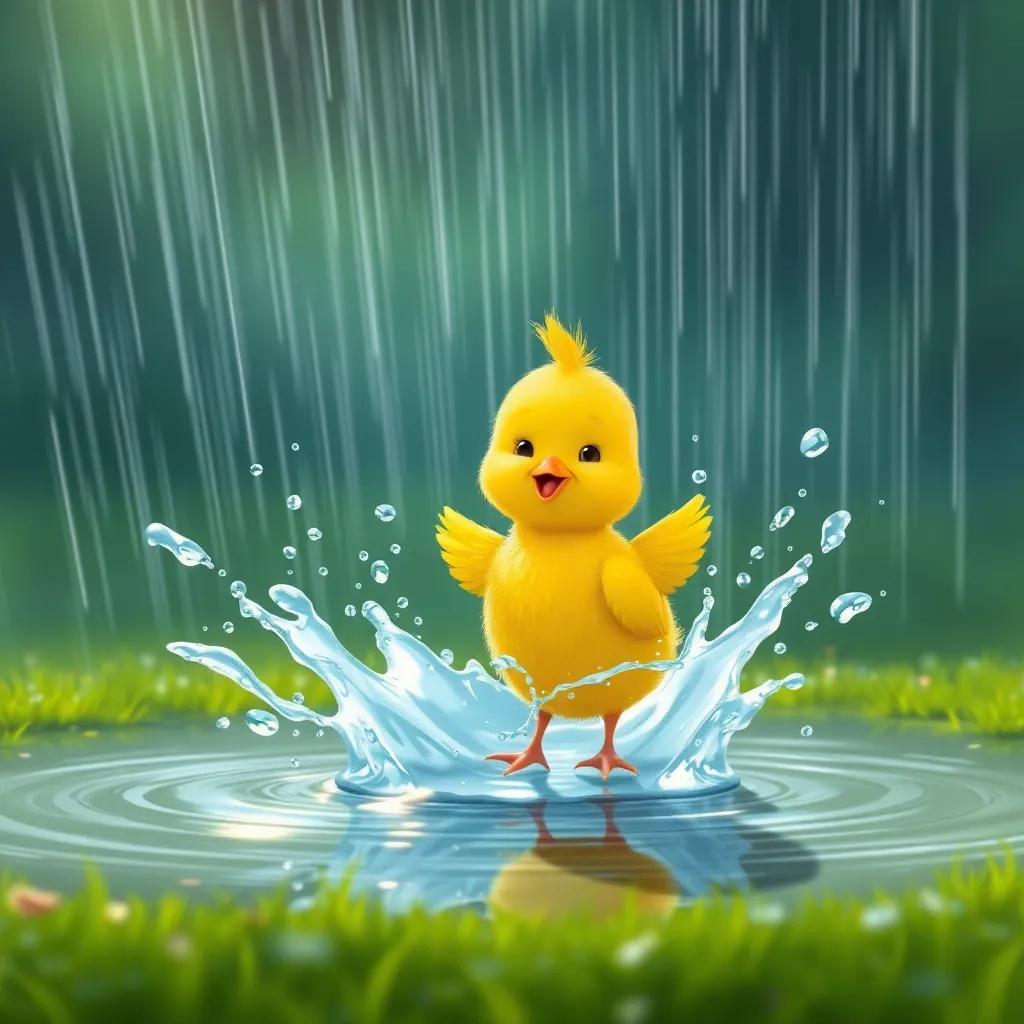 Pío, el pollito, salta en un charco bajo la lluvia, gotas de agua brillando, creando salpicaduras, mostrando su expresión feliz, el campo verde de fondo, ilustración infantil, divertida, niñez